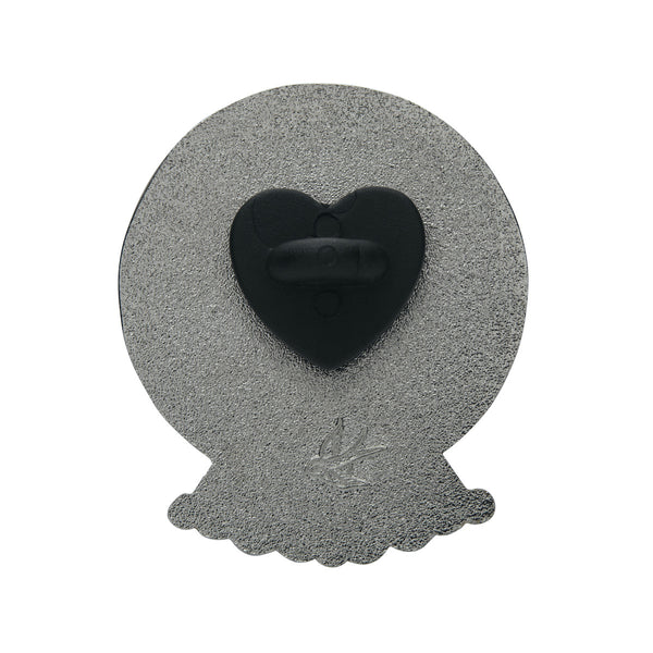 Cute & Spooky by Mimsy Gleeson collaboration collection "Home Sweet Haunt" enameled silver metal clutch back pin. Shown from back with Erstwilder logo stamp and heart shaped rubber clutch 