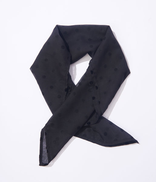 Square black mesh hair scarf with black flocked dots, shown folded