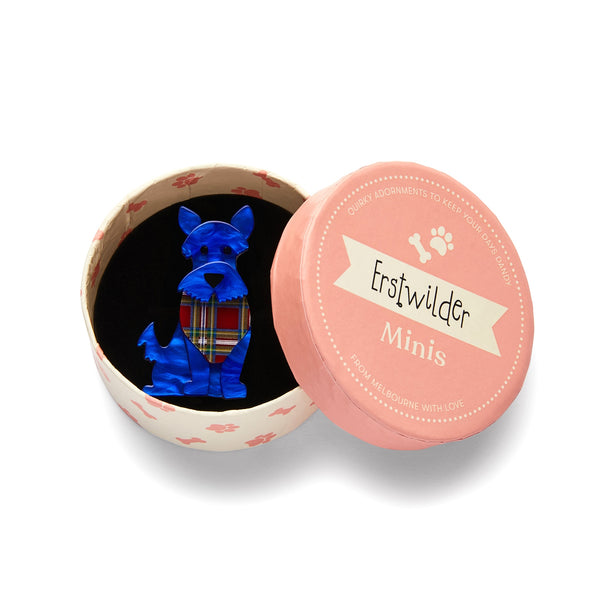 Dog Minis Collection "Scooter the Scotty" sitting blue dog wearing tartan bandana layered resin brooch, shown in illustrated round box packaging