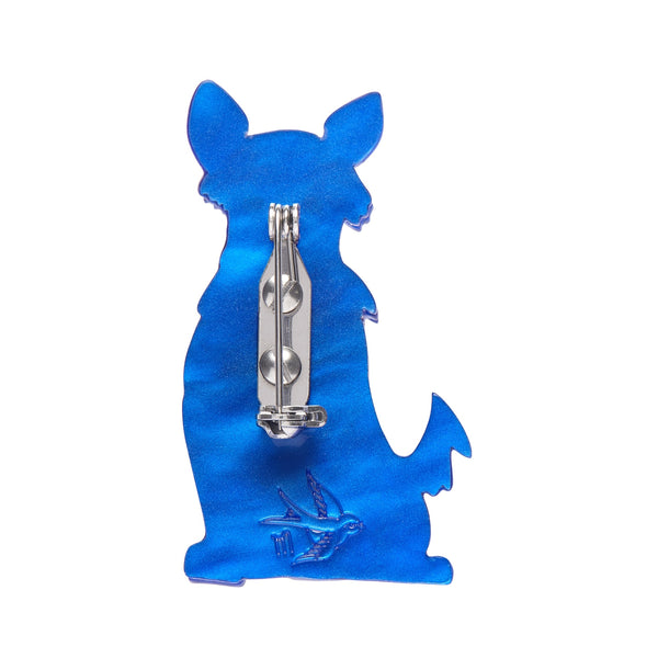 Dog Minis Collection "Scooter the Scotty" sitting blue dog wearing tartan bandana layered resin brooch, showing solid blue back view