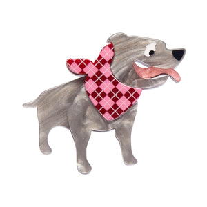 Dog Minis Collection "Staffy Stan" standing grey Stafforshire Bull Terrier wearing an argyle pattern bandana layered resin brooch