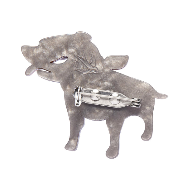 Dog Minis Collection "Staffy Stan" standing grey Stafforshire Bull Terrier wearing an argyle pattern bandana layered resin brooch, showing view of clasp on back