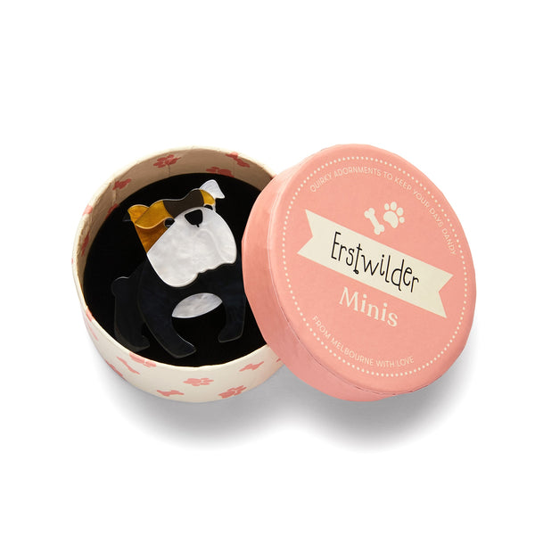 Dog Minis Collection "Boof Bulldog" standing black, brown, and white dog layered resin brooch, shown in illustrated round box packaging