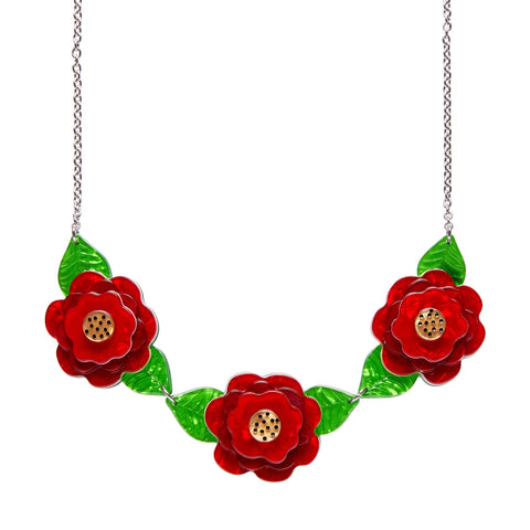"Rosalita's Garden" three linked layered resin flower and leaves pendants on silver metal chain statement necklace