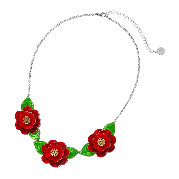 "Rosalita's Garden" three linked layered resin flower and leaves pendants on silver metal chain statement necklace