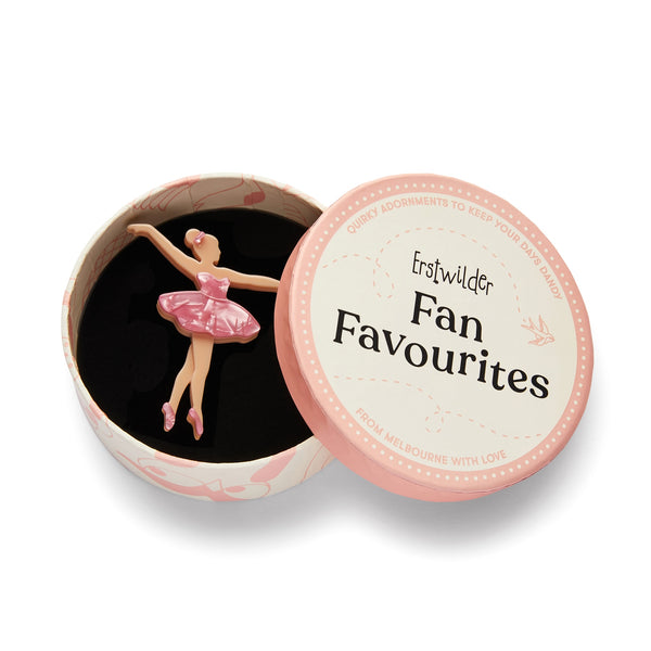 "Ballet Russes" cream colored ballerina in a pink tutu layered resin brooch, shown in illustrated round box packaging