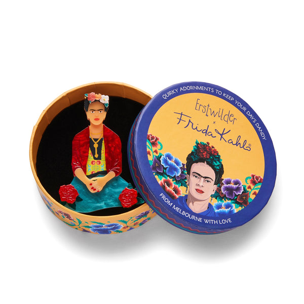 Frida Kahlo Collection “The One Frida” layered resin portrait brooch, shown in illustrated round box packaging