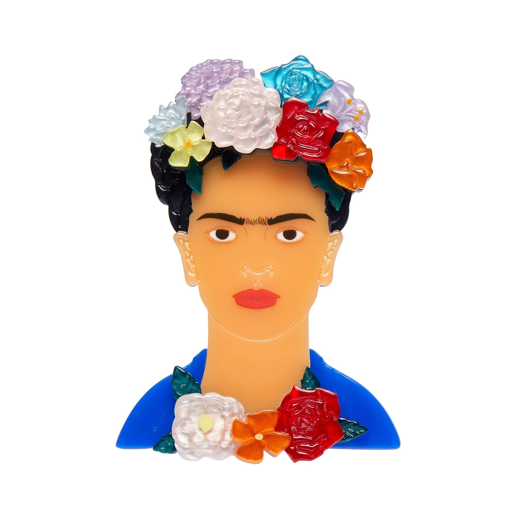 Erstwilder x Frida Kahlo Collection “My Own Muse Frida” layered resin portrait brooch showing Frida with multicolored flowers in her hair and at her throat, and wearing blue
