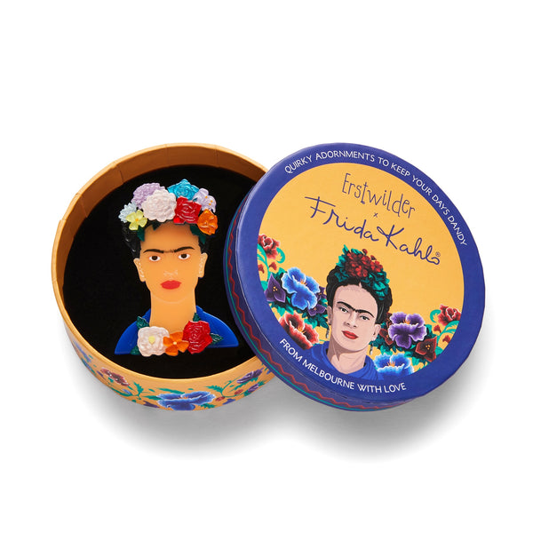 Erstwilder x Frida Kahlo Collection “My Own Muse Frida” layered resin portrait brooch, shown in illustrated round box packaging