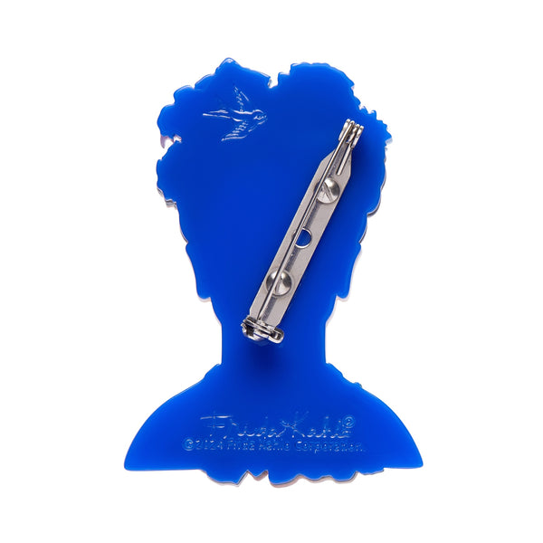 Erstwilder x Frida Kahlo Collection “My Own Muse Frida” layered resin portrait brooch, showing solid blue back with pin clasp hardware