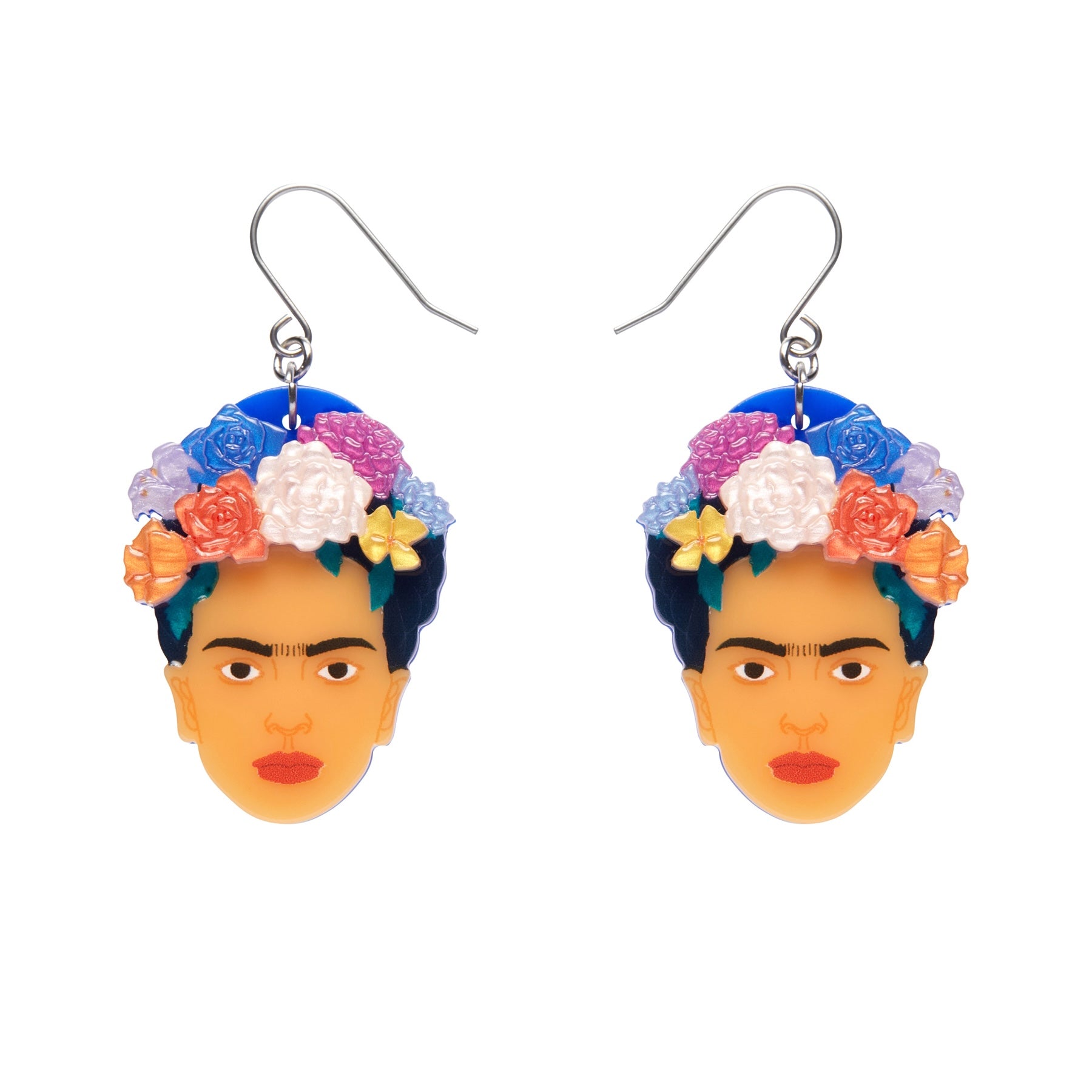 pair Frida Kahlo Collection “My Own Muse Frida” layered resin portrait dangle earrings, showing face of Frida with assorted color flowers in her hair