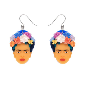 pair Frida Kahlo Collection “My Own Muse Frida” layered resin portrait dangle earrings, showing face of Frida with assorted color flowers in her hair