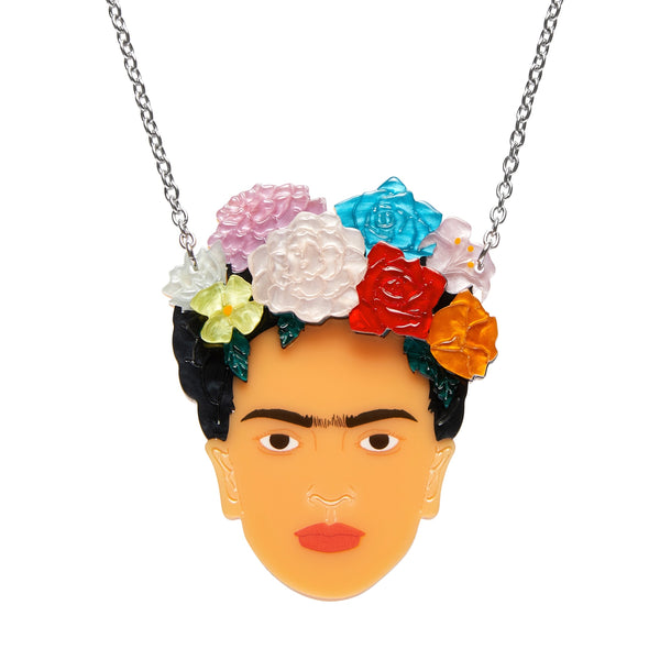 Frida Kahlo Collection “My Own Muse Frida” layered resin portrait pendant necklace, showing Frida wearing multicolor flowers in her hair