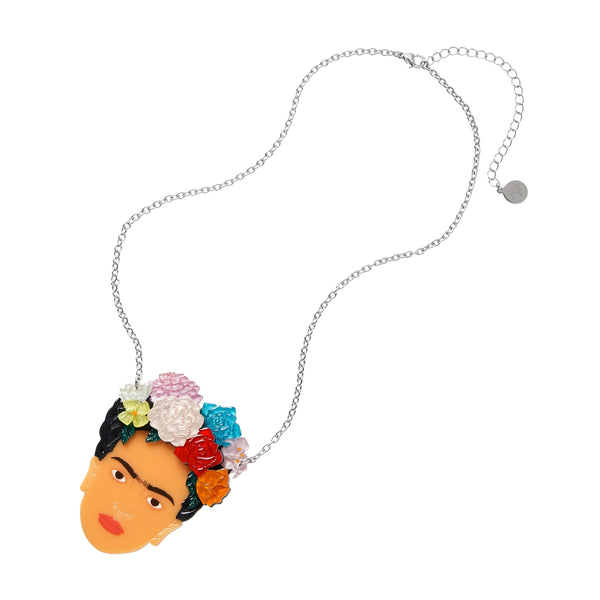 Frida Kahlo Collection “My Own Muse Frida” layered resin portrait pendant necklace, showing Frida wearing multicolor flowers in her hair
