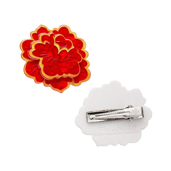 Frida Kahlo Collection “Flower of Life” red blossom with metallic gold outline details set of two layered resin hair clips, showing white backing layer  and silver metal gater clip of one