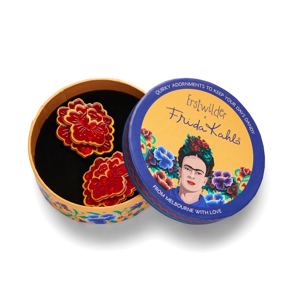 Frida Kahlo Collection “Flower of Life” red blossom with metallic gold outline details set of two layered resin hair clips, shown in illustrated round box packaging