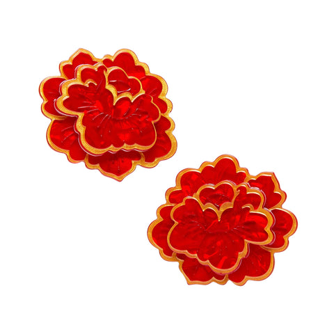 Frida Kahlo Collection “Flower of Life” red blossom with metallic gold outline details set of two layered resin hair clips