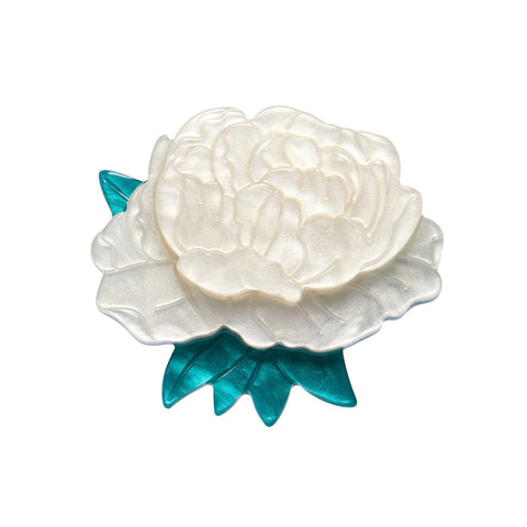 Frida Kahlo Collection “Reason for Living” white peony with green leaves layered resin mini brooch