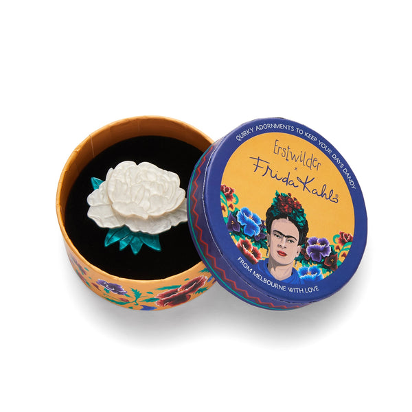 Frida Kahlo Collection “Reason for Living” white peony with green leaves layered resin mini brooch, shown in illustrated round box packaging