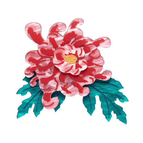 Frida Kahlo Collection “Passion is a Bridge” pink chrysanthemum blossom and green leaves layered resin flower brooch