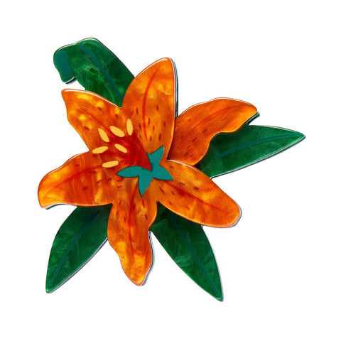 Frida Kahlo Collection “Strange As You” orange tiger lily blossom and green leaves  layered resin brooch