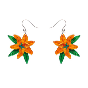 pair Frida Kahlo Collection “Strange As You” orange tiger lily blossom and green leaves layered resin dangle earrings