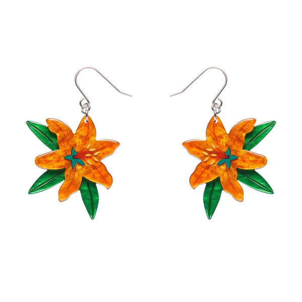 pair Frida Kahlo Collection “Strange As You” orange tiger lily blossom and green leaves layered resin dangle earrings