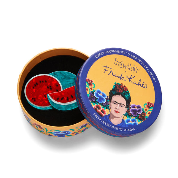Frida Kahlo Collection “Viva La Vida Watermelons” layered resin brooch, shown in illustrated round box packaging