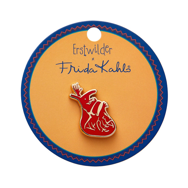 Erstwilder x Frida Kahlo Collection “Memory (The Heart)” red anatomical heart enameled gold metal clutch back pin, shown in round illustrated backer card packaging