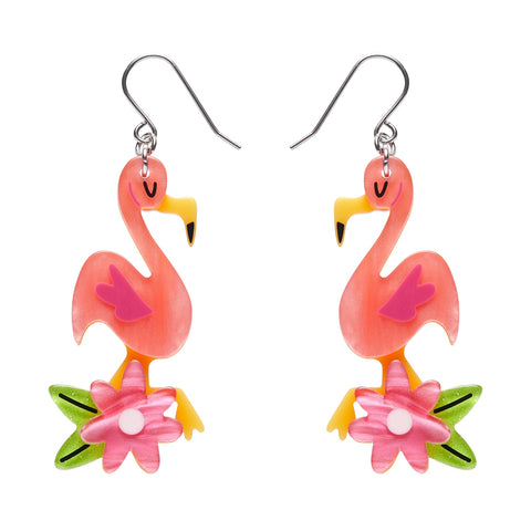 pair of Atomic Abode Collection "Let's Flamingle" pink flamingo and flower layered resin dangle earrings