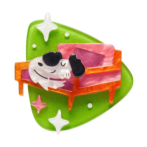Atomic Abode Collection "Richard the Resting Pooch" white and black dog sleeping on pink chair against green rounded triangle shape mid-century style layered resin brooch