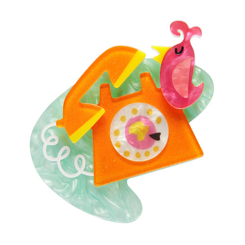 Atomic Abode Collection "Just a Call Away" mid-century style orange rotary dial telephone and pink chirpy bird against seafoam boomerang shape layered resin brooch