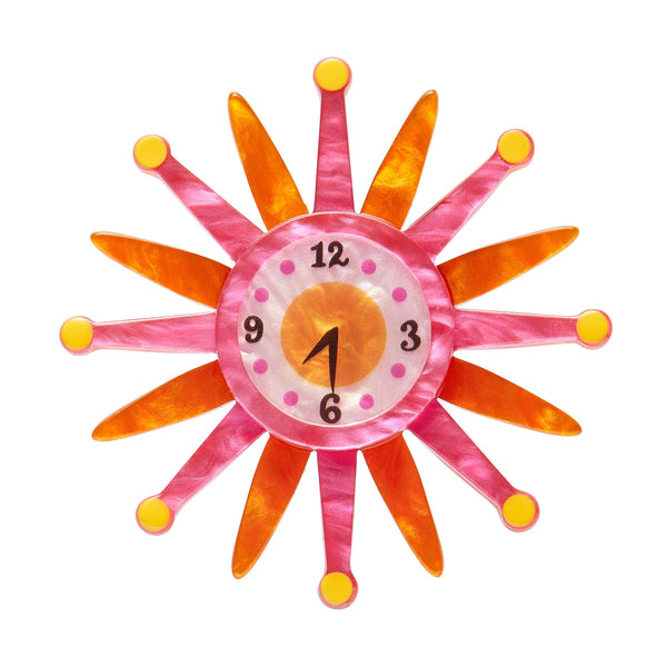 Atomic Abode Collection "Starburst Clock" mid-century style pink and orange wall clock layered resin brooch