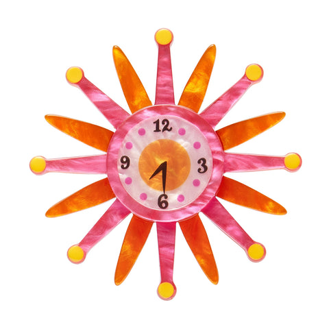 Atomic Abode Collection "Starburst Clock" mid-century style pink and orange wall clock layered resin brooch