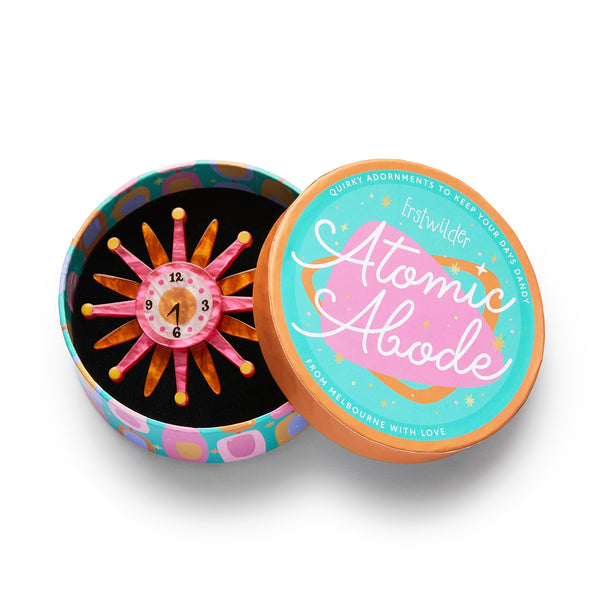 Atomic Abode Collection "Starburst Clock" mid-century style pink and orange wall clock layered resin brooch, shown in illustrated round box packaging