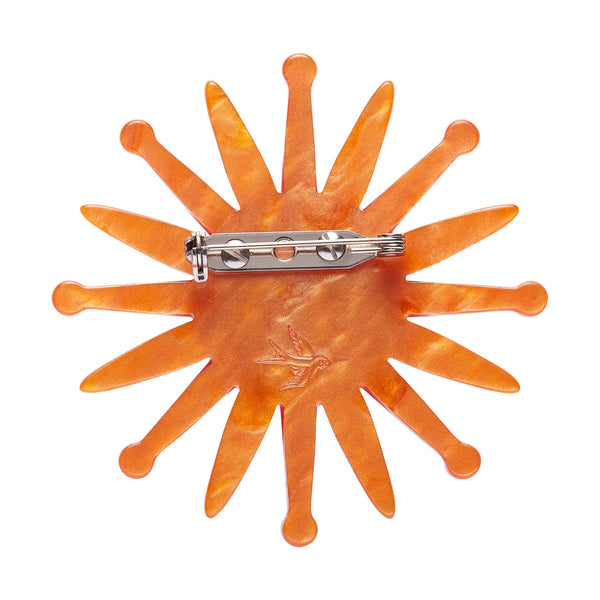 Atomic Abode Collection "Starburst Clock" mid-century style pink and orange wall clock layered resin brooch, showing orange backing layere with silver metal pin clasp