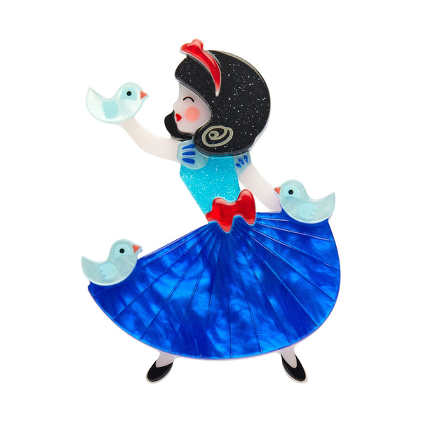 Pete Cromer x Erstwilder Fairy Tales collaboration collection "White as Snow" Snow White character wearing blue dress layered resin brooch