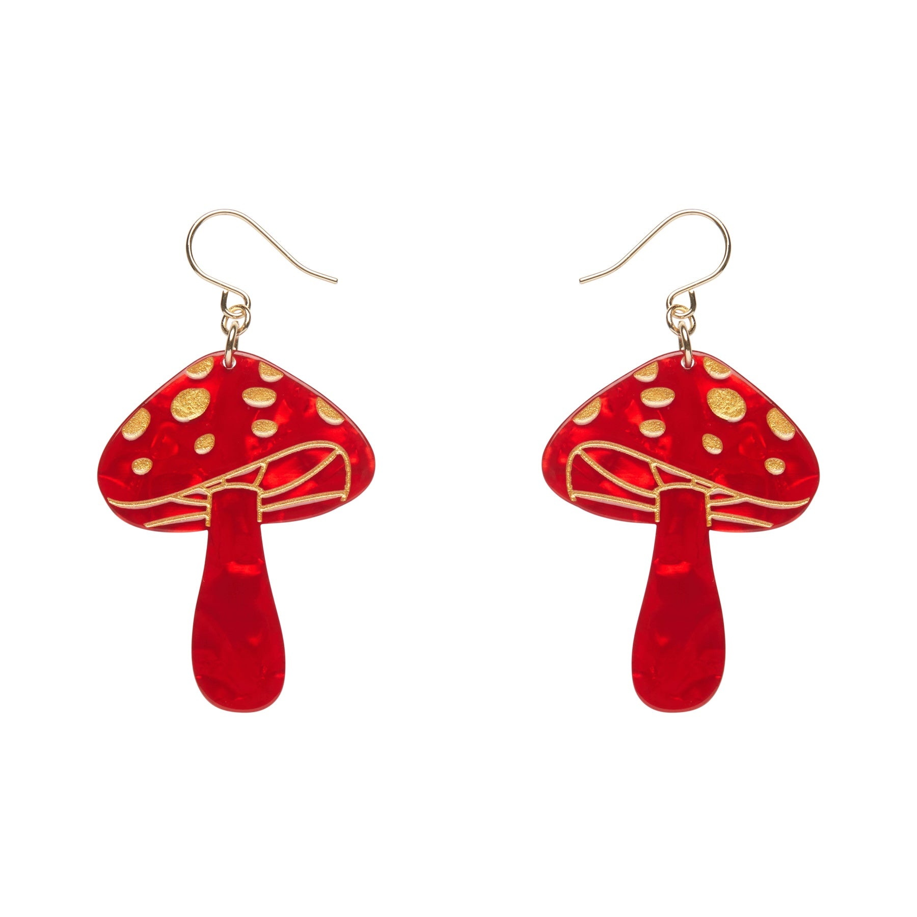 pair of mushroom shaped dangle earrings in white backed bright red ripple texture 100% Acrylic resin with metallic gold details