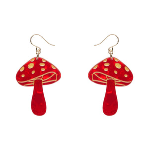 pair of mushroom shaped dangle earrings in white backed bright red ripple texture 100% Acrylic resin with metallic gold details