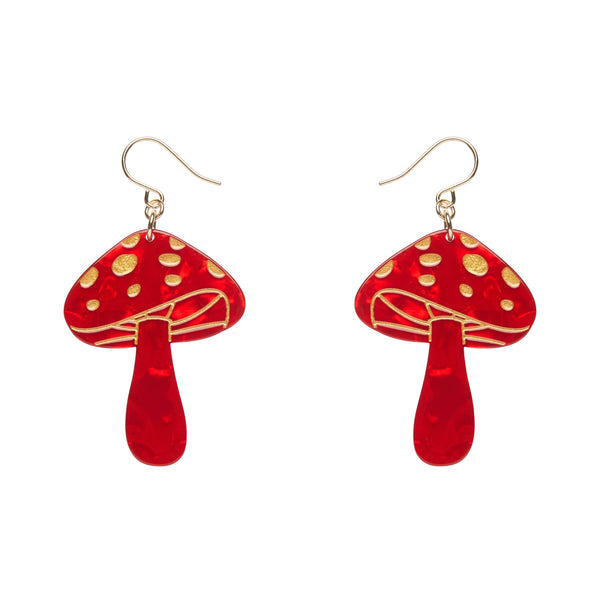 pair of mushroom shaped dangle earrings in white backed bright red ripple texture 100% Acrylic resin with metallic gold details