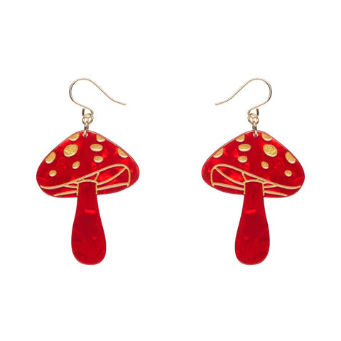 pair of mushroom shaped dangle earrings in white backed bright red ripple texture 100% Acrylic resin with metallic gold details