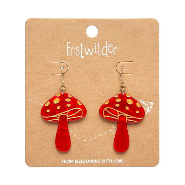 pair of mushroom shaped dangle earrings in white backed bright red ripple texture 100% Acrylic resin with metallic gold details