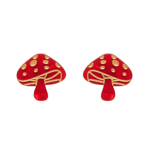 pair of mushroom shaped post earrings in white backed bright red ripple texture 100% Acrylic resin with metallic gold details