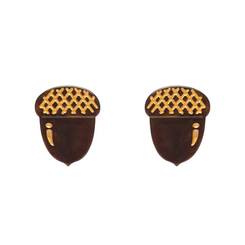 pair of acorn shaped post earrings in rich brown ripple texture 100% Acrylic resin with metallic gold details