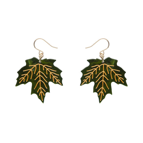 pair of maple leaf shaped dangle earrings in deep green ripple texture 100% Acrylic resin with metallic gold details