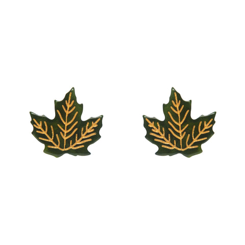 pair of maple leaf shaped post earrings in deep green ripple texture 100% Acrylic resin with metallic gold details