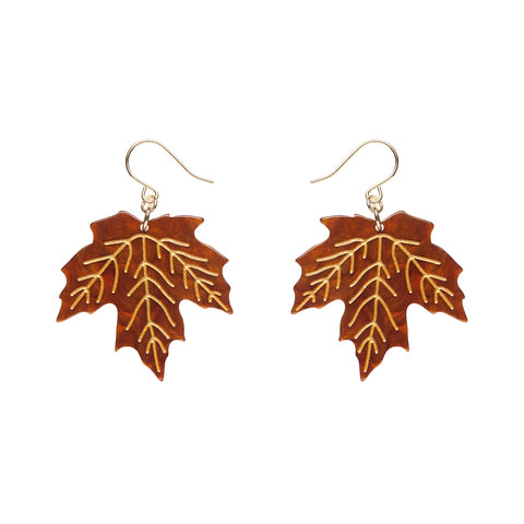 pair of maple leaf shaped dangle earrings in deep orange ripple texture 100% Acrylic resin with metallic gold details