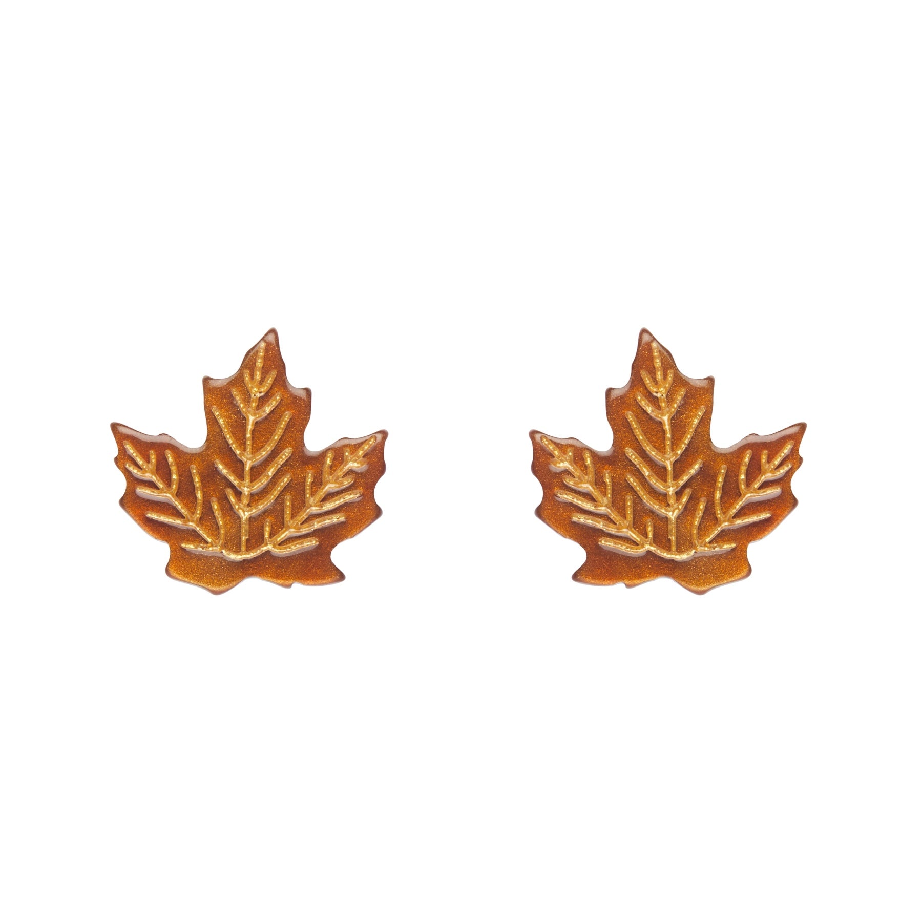 pair of maple leaf shaped post earrings in deep orange ripple texture 100% Acrylic resin with metallic gold details