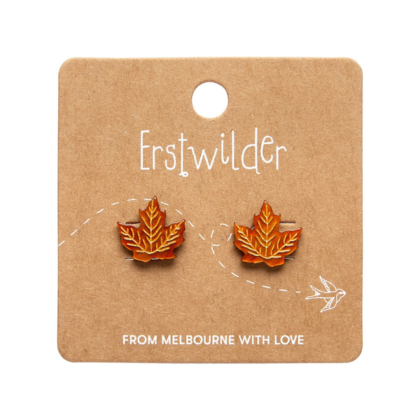 pair of maple leaf shaped post earrings in deep orange ripple texture 100% Acrylic resin with metallic gold details