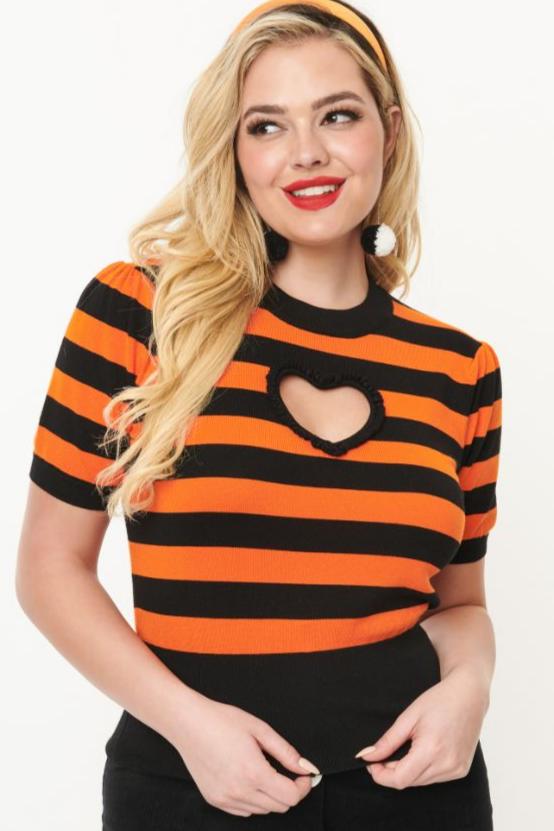 Smak Parlour Heart Keyhole Sweater in Black & Orange Stripe by Unique Vintage